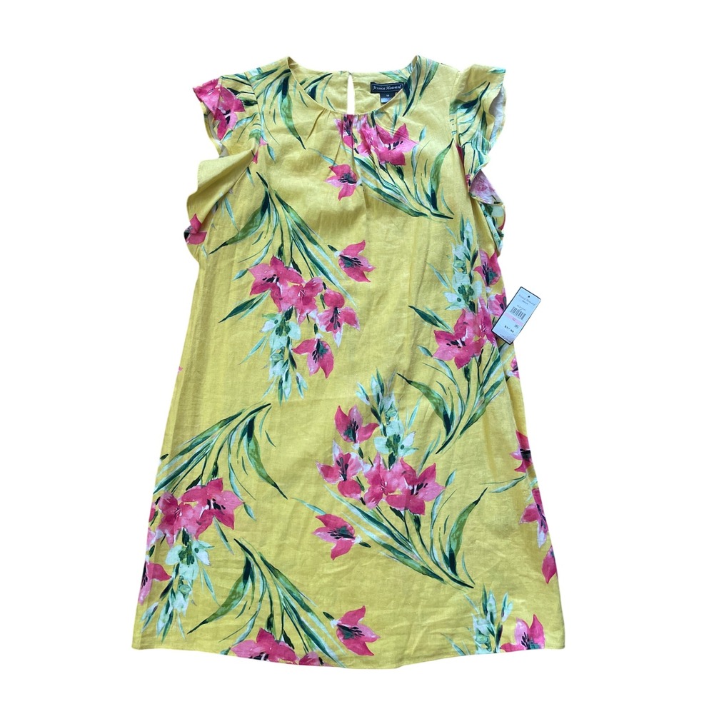 Jessica Howard Yellow Pink Floral Linen Blend Flutter Sleeve Shift Dress 10